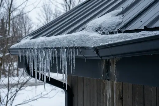 A ridge of ice dammed along a roof gutter with icicles hanging from the eave