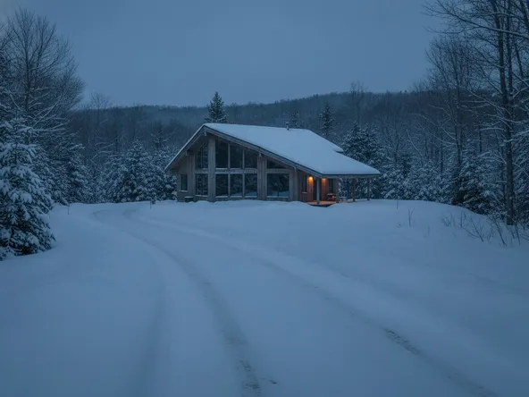 A timber chalet at winter dusk with unbroken snow on the driveway